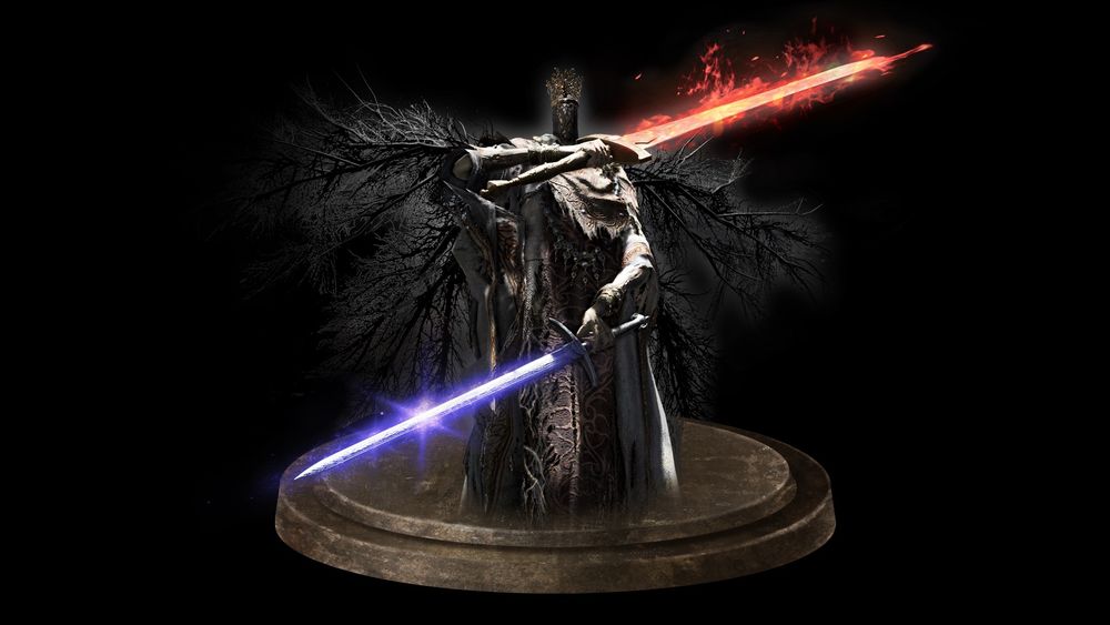The in-game trophy icon of Pontiff Sulyvahn from Dark Souls 3. He is a large imposing figure wearing clerical robes, a veil, & a crown. He brandishes two greatswords in each hand, one wreathed in profane flames and the other gleaming with magical light. He has black tendril-like projections sprouting from his back that give the impression of tattered wings