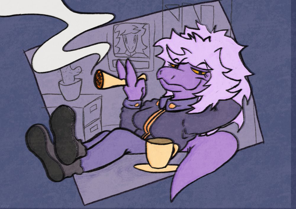 chill anthropomorphic purple lizard who has pink hair and pronouns smoking weed and drinking coffee instead of doing her damn job as the most valuable bureaucrat on the space station. Her legs are over the table. She is wearing bluesh official-looking outfit. She is either smug or stoned. Probably the latter