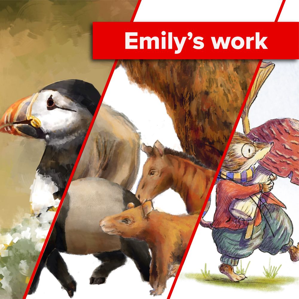 Emily's work. Three snapshots of fun and colourful illustrations including a puffin, palaeo reconstructions of perissodactyls ( tapirs, rhinos, horses and their extinct relatives), and a little mouse carrying a mushroom.