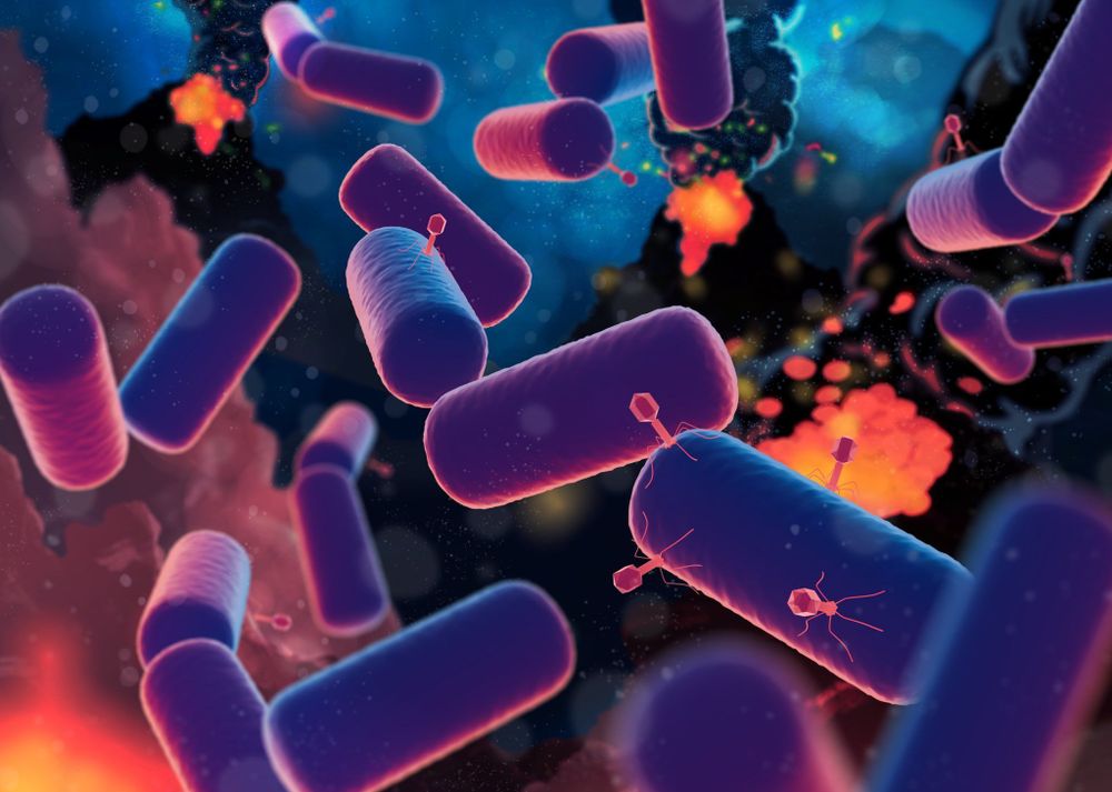 The Last Universal Common Ancestor (LUCA). Purple and pink cells on a dramatic background, while being attacked by viruses 