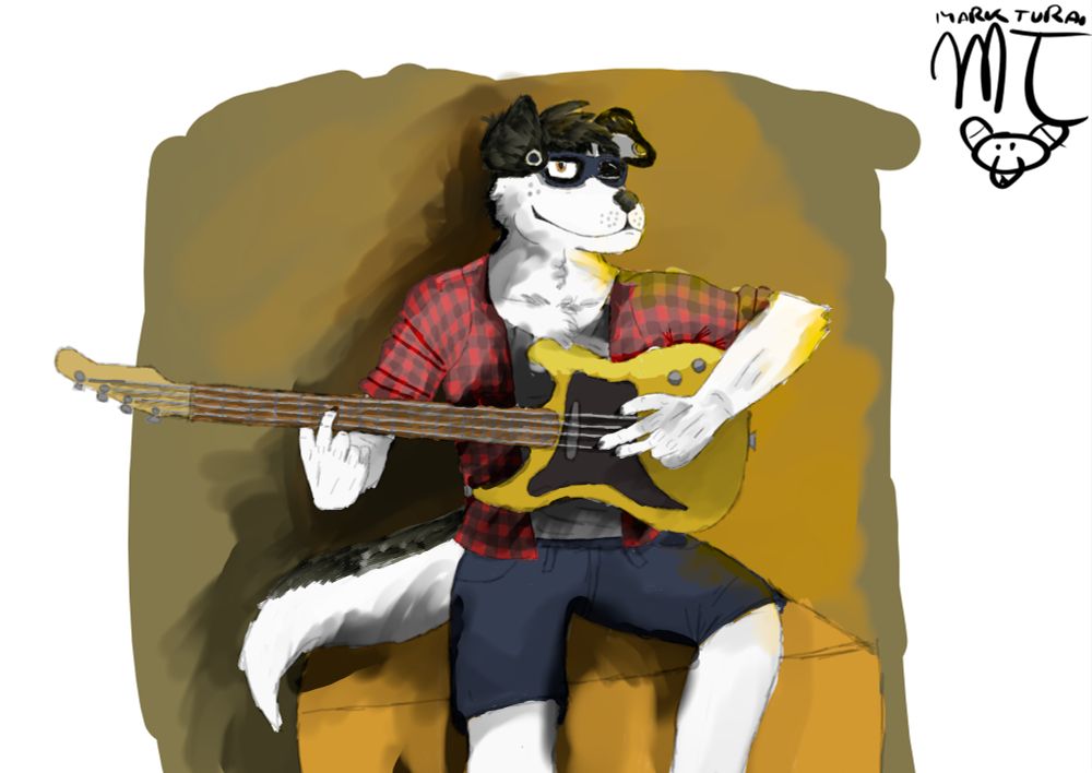 A black and white border collie, with red squared hoodie, gray shirt, black shorts and glasses, is playing bass while winking at the viewer.