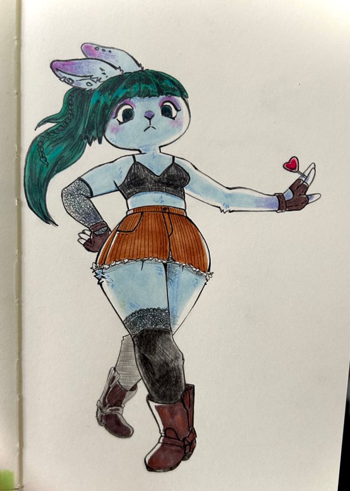An anthro rabbit with pale blue fur. Walking towards the viewer with one arm outstretched, holding a heart shaped lollipop. She is wearing a brow corduroy miniskirt, brown leather engineer boots with black over the knee socks, a black bra top, and leather driver gloves.