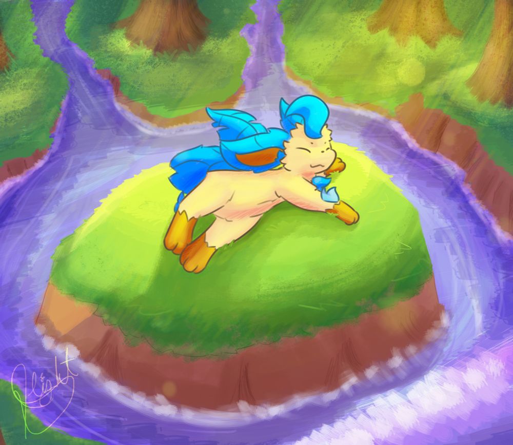 A teal-leafed leafeon lies on a mossy rock that is surrounded by gently flowing water on all sides, basking in rays of sunlight that the trees of the forest they inhabit give way to.