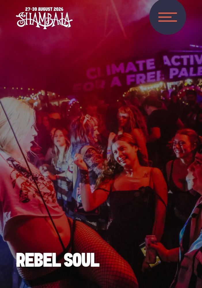 A happy festival crowd are shown partying to musicians in front of a banner that says "Climate Activists for a Free Palestine". The image also includes the Shambala Festival logo and the dates 27-30th August.