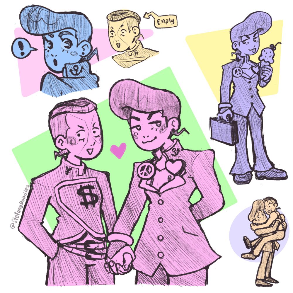 Sketch of Jojo’s Bizarre Adventure characters Josuke and Okuyasu together in various slightly romantic poses, including them holding hands.