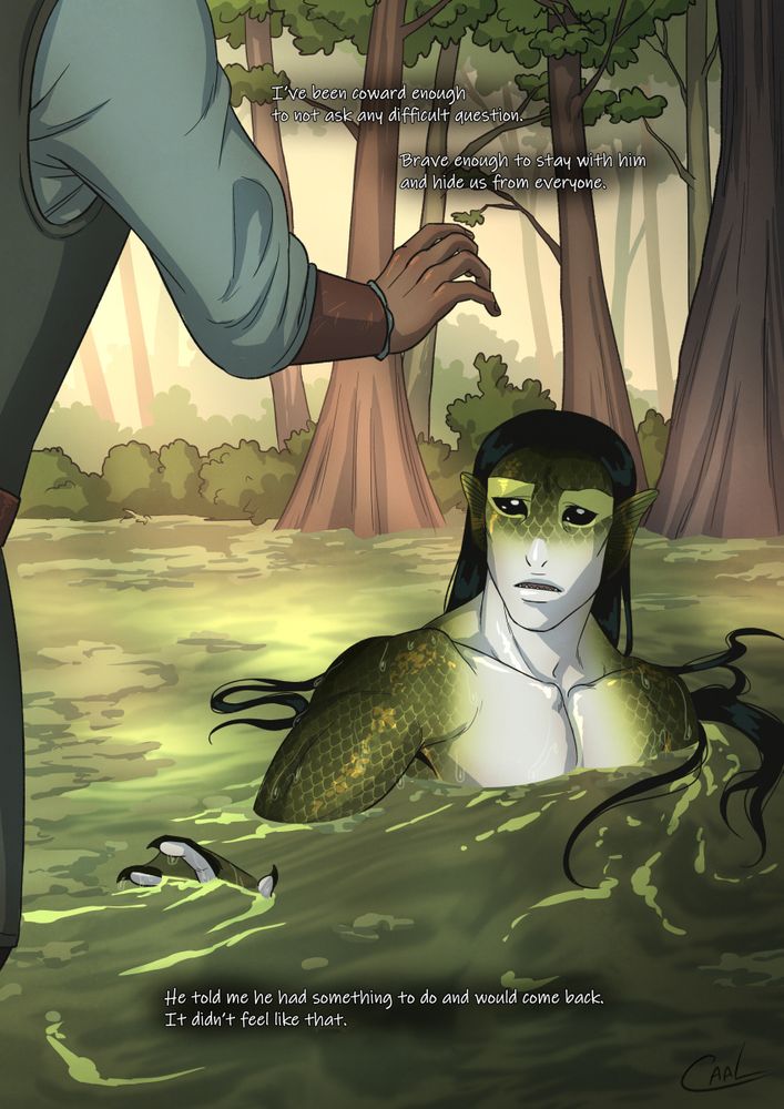 Illustration of a merman getting back into the waters of the swamp, a human is trying to reach out to him, or getting to him