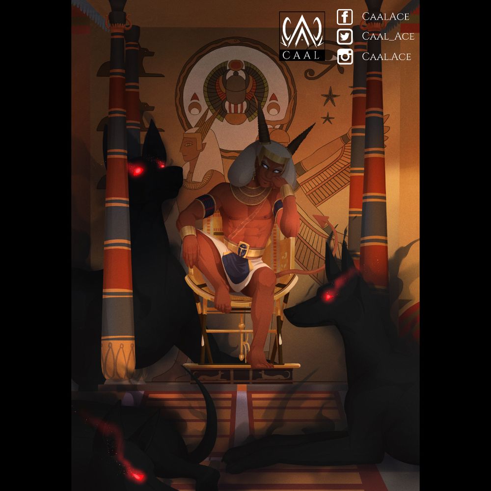 Illustration of a devil dressed as a pharaoh in an egyptian throne chamber, surrounded by hell hounds (shadow egyptian dogs with glowing red eyes)
