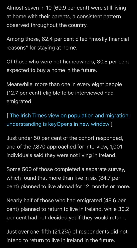 Screenshot of portion of article, which says...

Almost seven in 10 (69.9 per cent) were still living at home with their parents, a consistent pattern observed throughout the country.
Among those, 62.4 per cent cited "mostly financial reasons" for staying at home.
Of those who were not homeowners, 80.5 per cent expected to buy a home in the future.
Meanwhile, more than one in every eight people (12.7 per cent) eligible to be interviewed had emigrated.
[ The Irish Times view on population and migration: understanding is keyOpens in new window ]
Just under 50 per cent of the cohort responded, and of the 7,870 approached for interview, 1,001 individuals said they were not living in Ireland.
Some 500 of those completed a separate survey, which found that more than five in six (84.7 per cent) planned to live abroad for 12 months or more.
Nearly half of those who had emigrated (48.6 per cent) planned to return to live in Ireland, while 30.2 per cent had not decided yet if they would return.
Just over one-fifth (21.2%) of respondents did not intend to return to live in Ireland in the future.