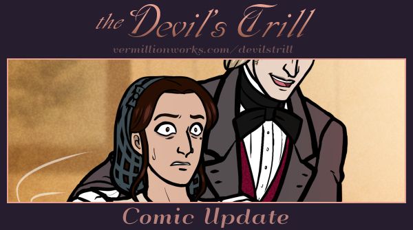 The Devil's Trill webcomic update banner with a preview of the new page: Florian turning a very nervous Miriam around and escorting her to the dance floor.