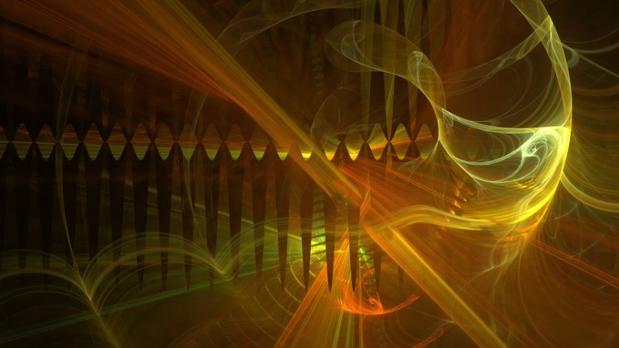 An abstract fractal image in shades of gold, amber, and dark brown. Swirling, glowing lines dominate the right, contrasting with a central vertical section of thin, jagged bands and a horizontal zigzag pattern.