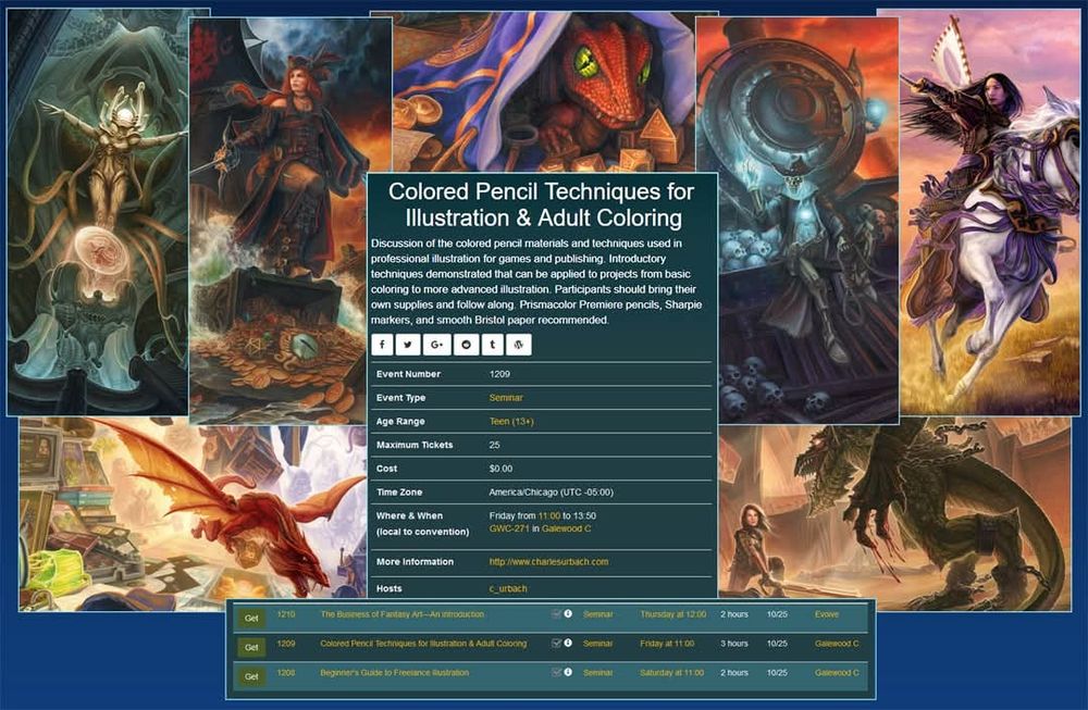 Promotional image with times and details of art programming at Gary Con convention.