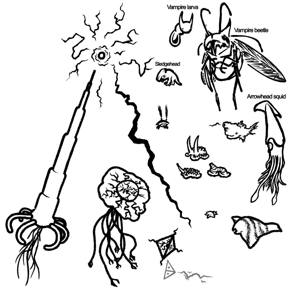 Deep sea critters and arthropods and reptilians of brimstone and red ruins (other than the crab, they another deep sea fella)
The jellyfish here have evolved in tandem with a coral like growth that creates material in a similar manner to the production of black oxygen, only this is electrical power instead. The jellies (and some anglers (they diversified ALOT)) down there evolved ways to use that and now it is a staple of the biome 