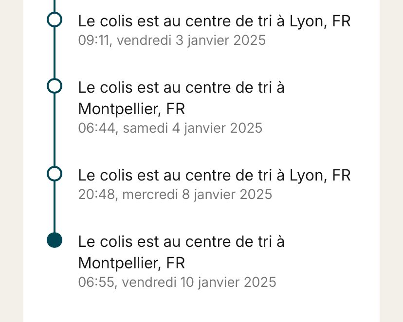 Suivi d’un colis montrant qu’il était à Lyon le 3, à Montpellier le 4, de nouveau à Lyon le 8, pour retourner à Montpellier le 10