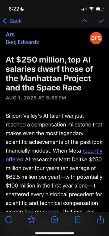 Screen shot of news headline describing obscene pay for AI employees being an enormous multiple of what we paid for the manhattan project. 