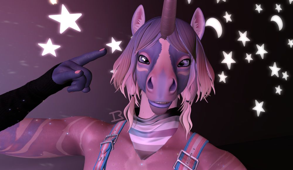 a portrait of a pink and purple non-binary furry unicorn avatar from the virtual world Second Life wearing colors that represent the transgender flag and the agenderflux flag. they are looking directly into the camera and giving the sign of the horns.