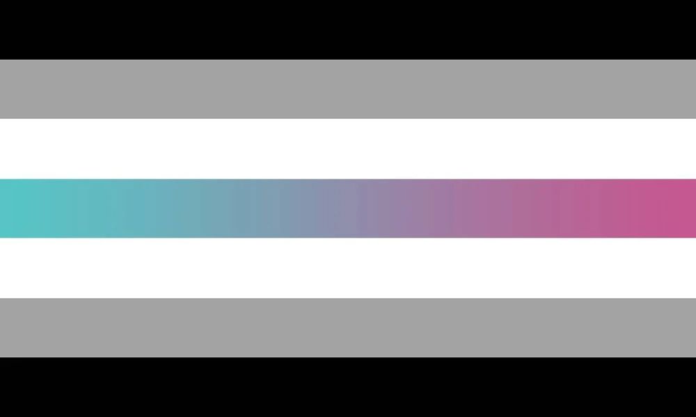 an agenderflux flag design: black stripe, grey stripe, blue transitioning to purple then pink stripe, then white, grey, and black again.
