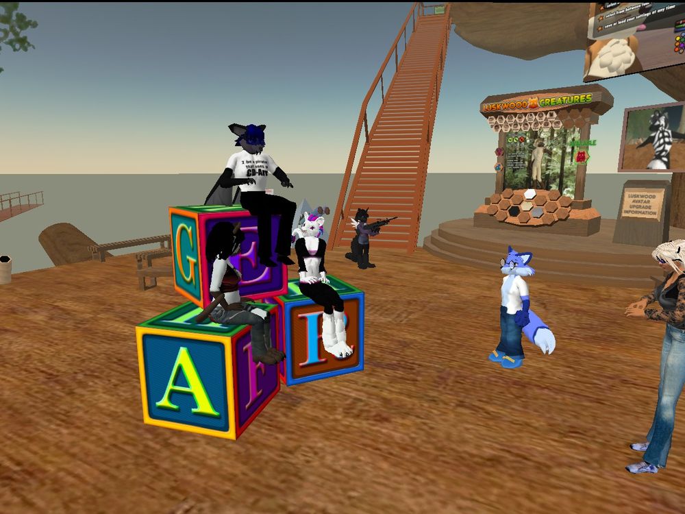 a second screenshot from the virtual world of Second Life taken in 2005. the image shows 6 different avatars hanging out around the Luskwood furry avatar vendors.