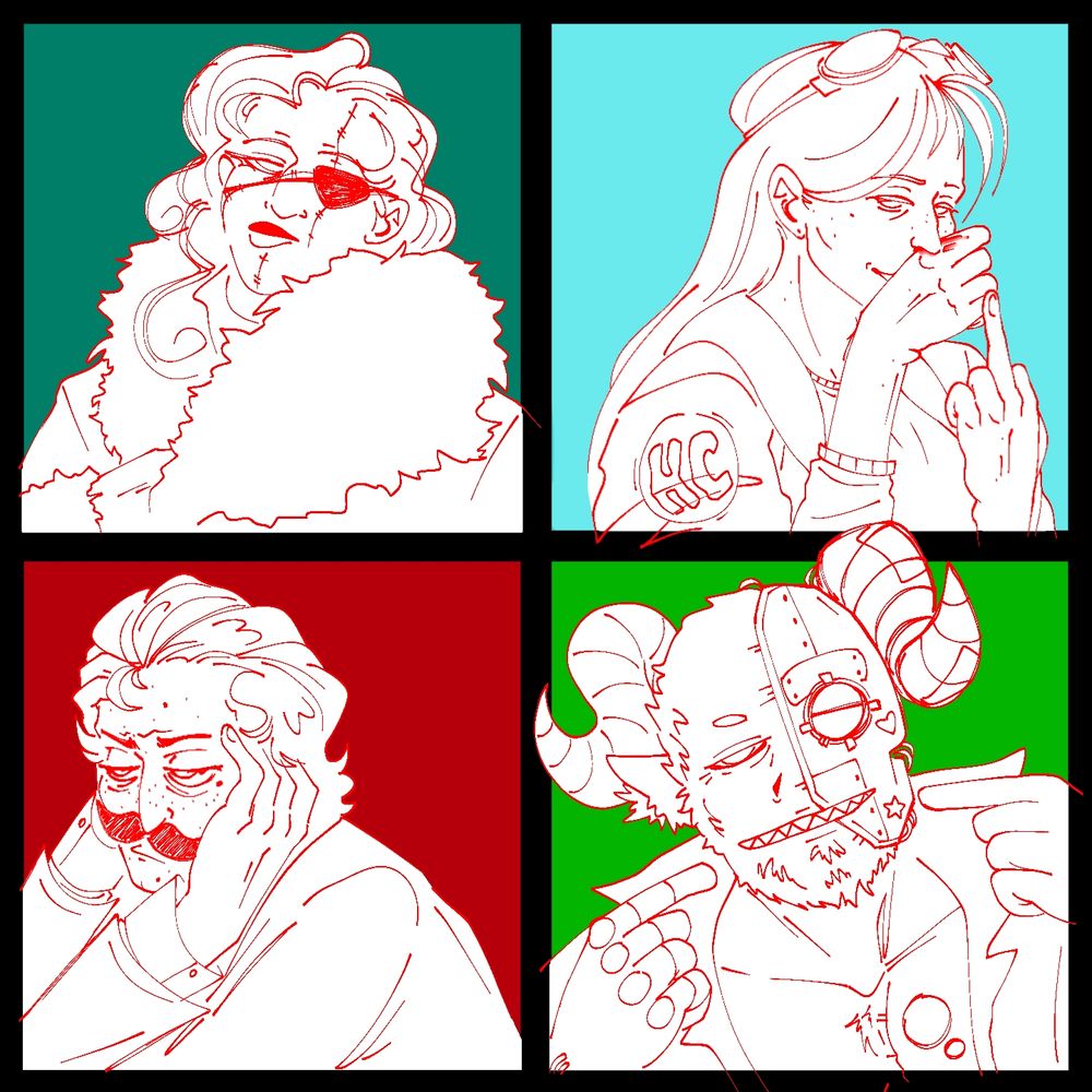 top left: cleo in a fur coat
top right: false with a nose bleed giving the finger
bottom right: doc pointing at himself with both hands, he has sharp teeth
bottom left: mumbo is tired and has his hands in his hair