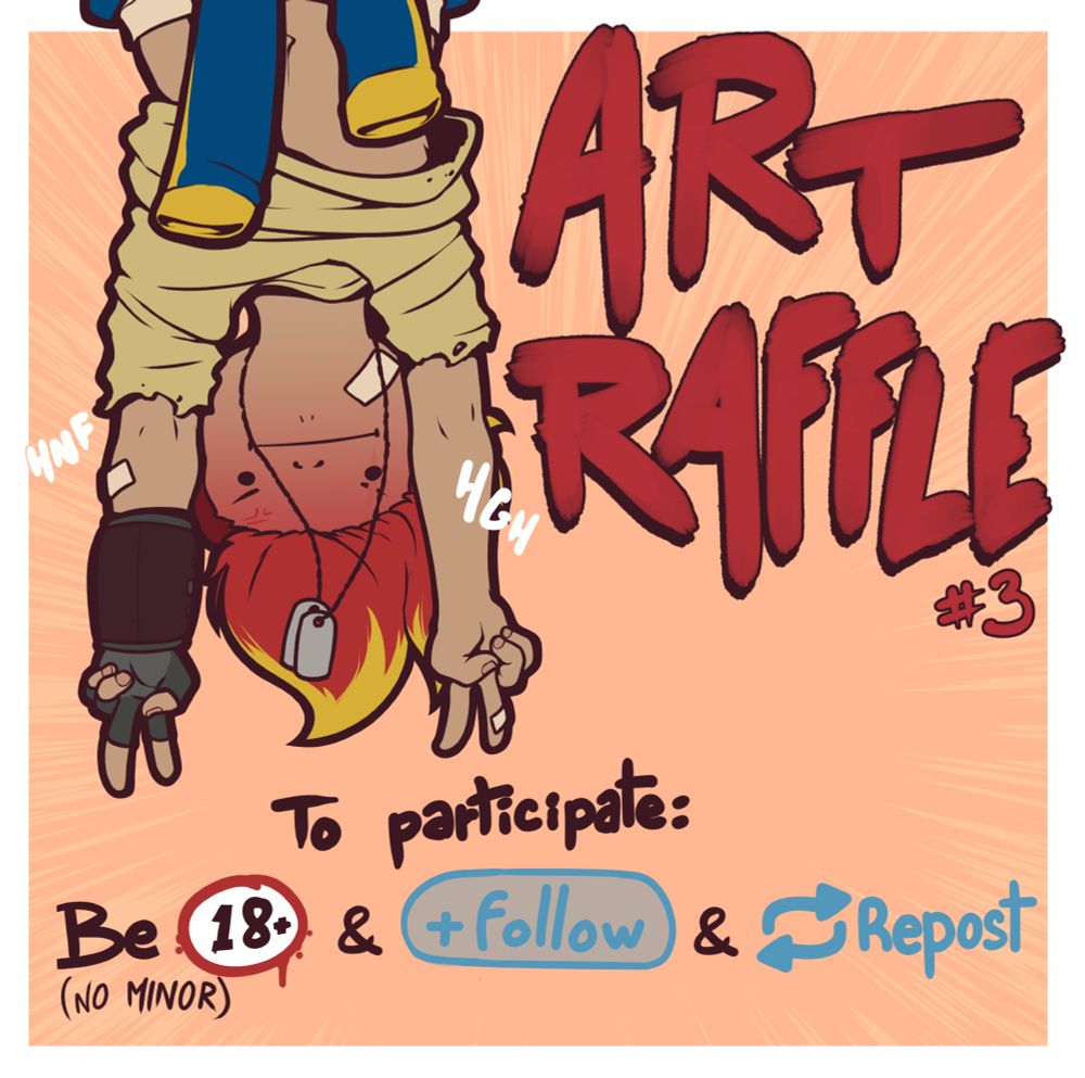 Third ART RAFFLE announcement. It shows Mawa my punky fallout gremlin OC doing the peace sign with her hands. She's upside down, hanging from the top of the pic.  
The smart eyes will notice she has no more jacket since the last raffle. What piece of clothes will disappear for the next raffle? That's a mystery...
