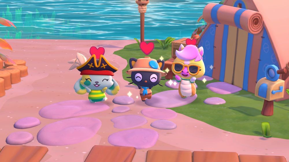 Hello Kitty Island Adventure screenshot of Teeny's green bunny character, Chococat, and BeckyfromGossamer's pink and yellow horse chracter smiling 