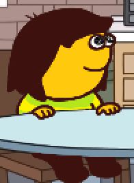 A still frame of Pim Pimling from the adult animated show Smiling Friends, drawn over to resemble Kris Dreemurr from the video game DELTARUNE. Kris is seated at a table, smiling, with their eyes visible.