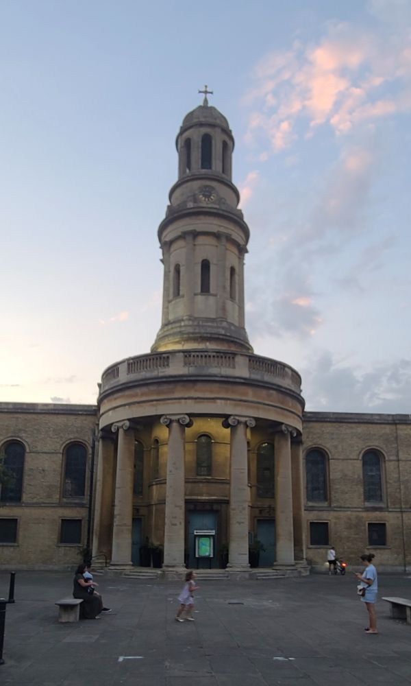 St. Mary's Church, Bryanston Square. Neoclassical portico and Italianate spire.