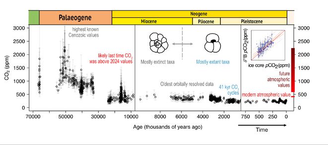 CO2 back until the dinosaurs. The record is patchy, at best! We're working hard to fill all the gaps. Figure from Chalk and Rollion Bard in Elements Magazine 2025. https://www.elementsmagazine.org/boron-proxies-from-calcification-site-ph-to-cenozoic-pco2/  