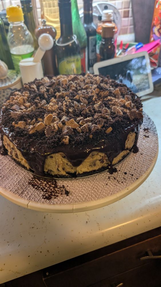 Photograph of a peanut butter cup cheesecake resting on a cake platter.