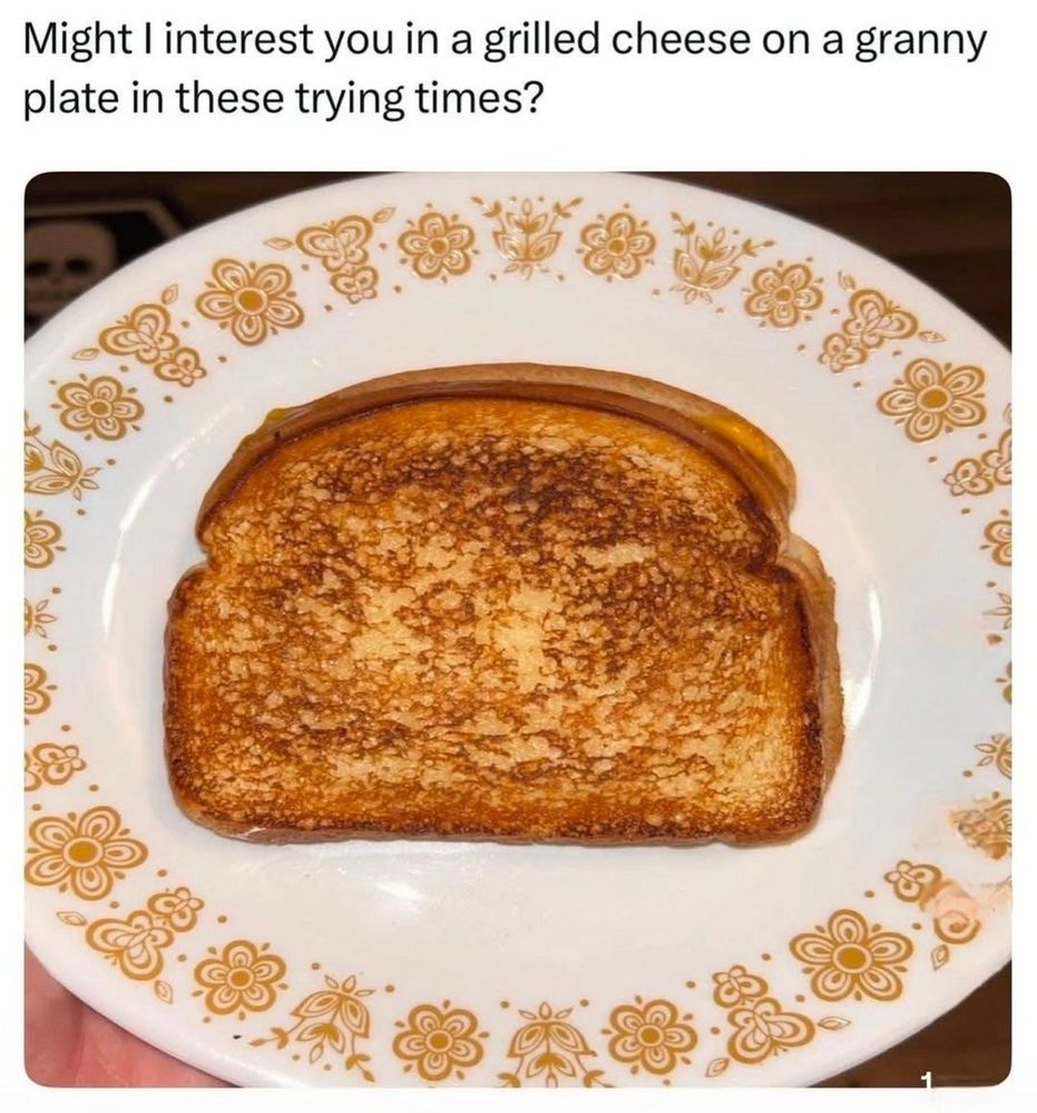 Meme image of a grilled cheese on a plate. Text reads: "Might I interest you in a grilled cheese on a granny plate in these trying times?"