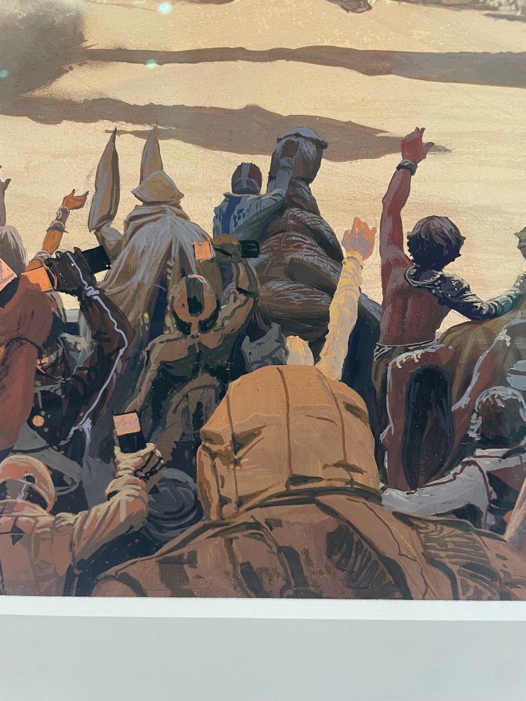 Detail of Syd mead painting, the running of the six drgxxx, where spectators seem to be holding smartphone like devices. This was painted in 1975 or something!