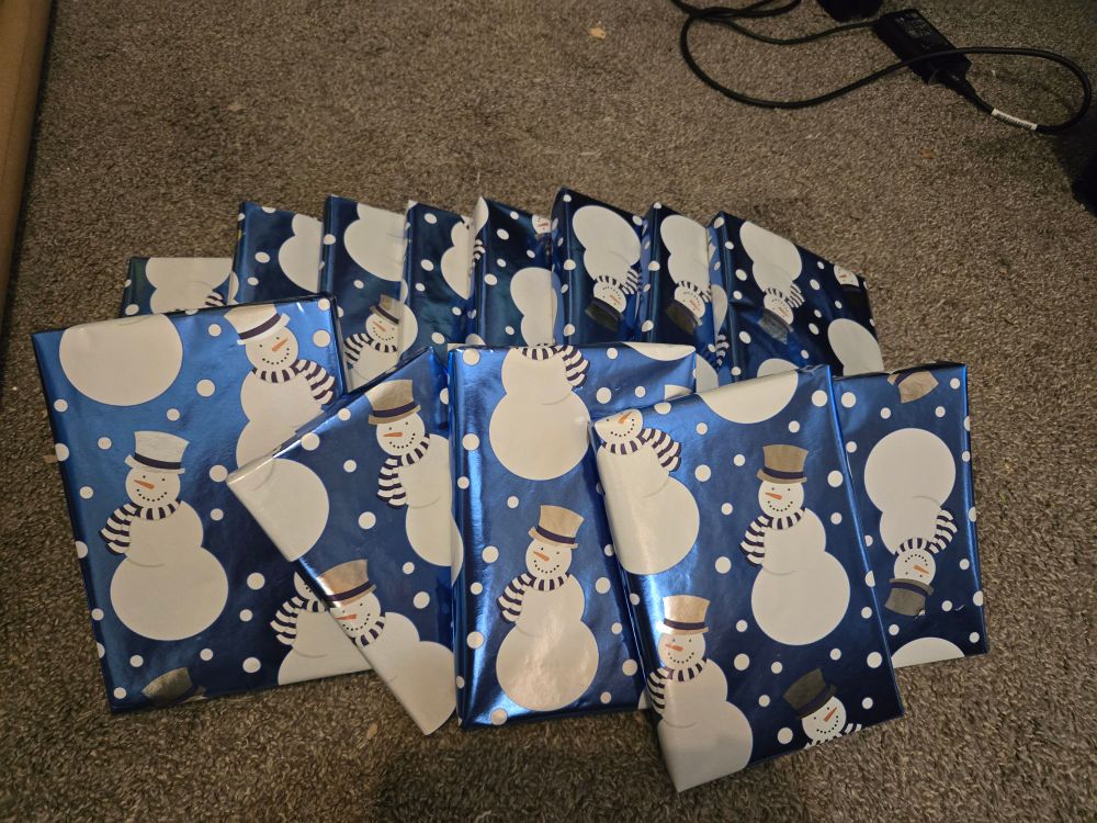 13 books wrapped in blue and white snowmen