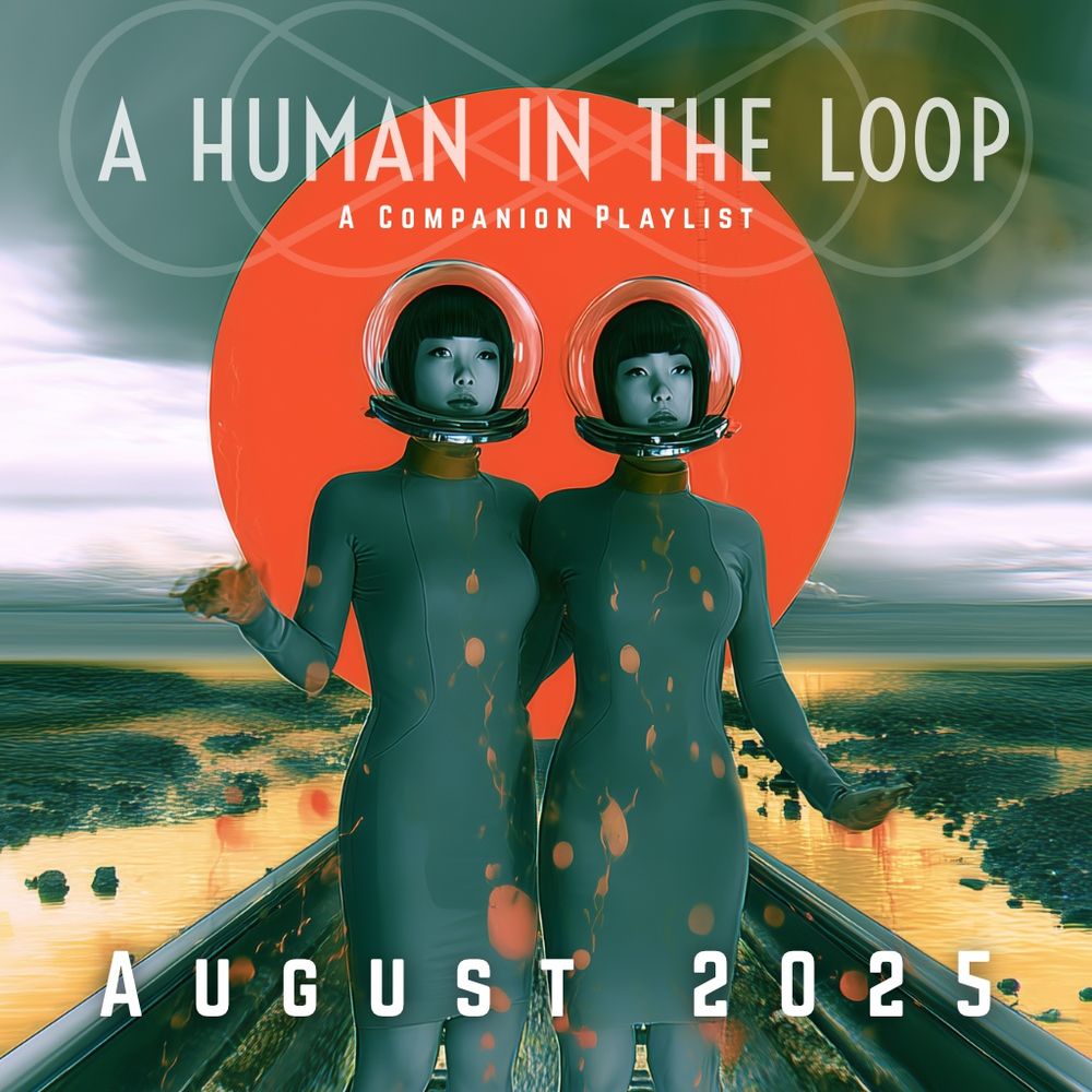 Twin figures in fashionable space attire stand  center on a lone path in a vast wasteland. A bright red circle behind them. Surreal illustration. Digital output. Produced by Eric Kerr using Midjourney. 