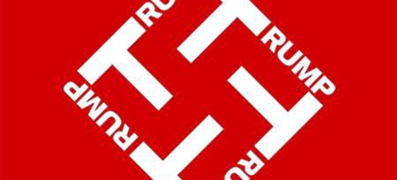 Large capital T with smaller capital letters RUMP, white letters on a red background, each TRUMP rotated at a 90 degree angle so the negative red space inside the words looks like a swastika.