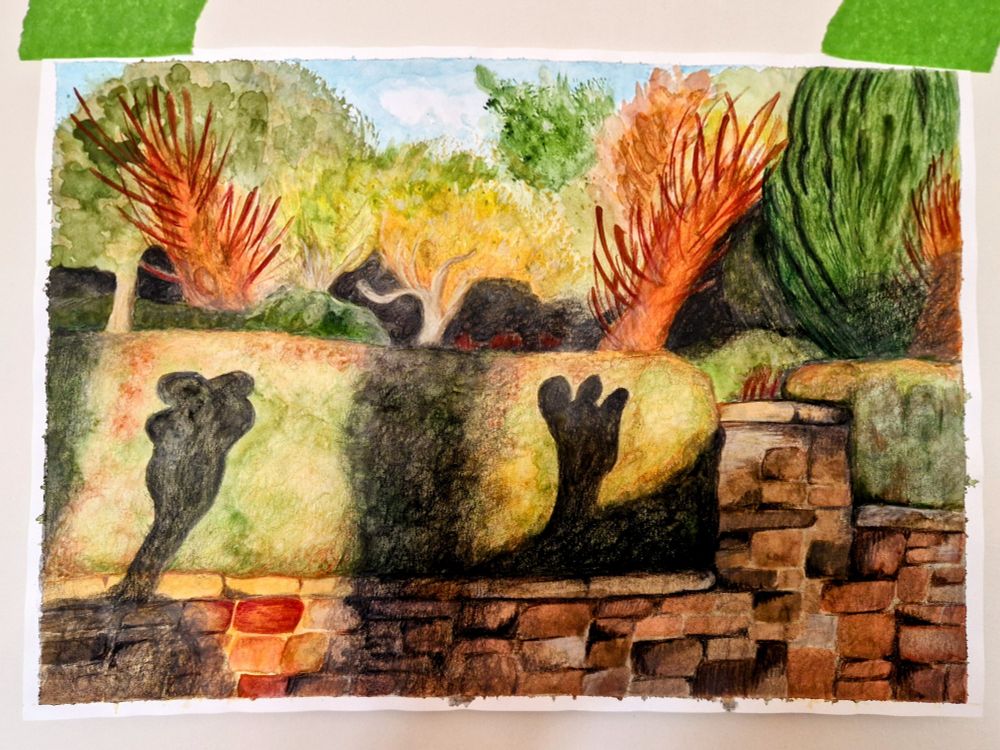 A painting done with watercolour and coloured pencil showing a series of strange, amorphous shadows on a hedge over a stone wall. Behind are some oddly shaped plants.