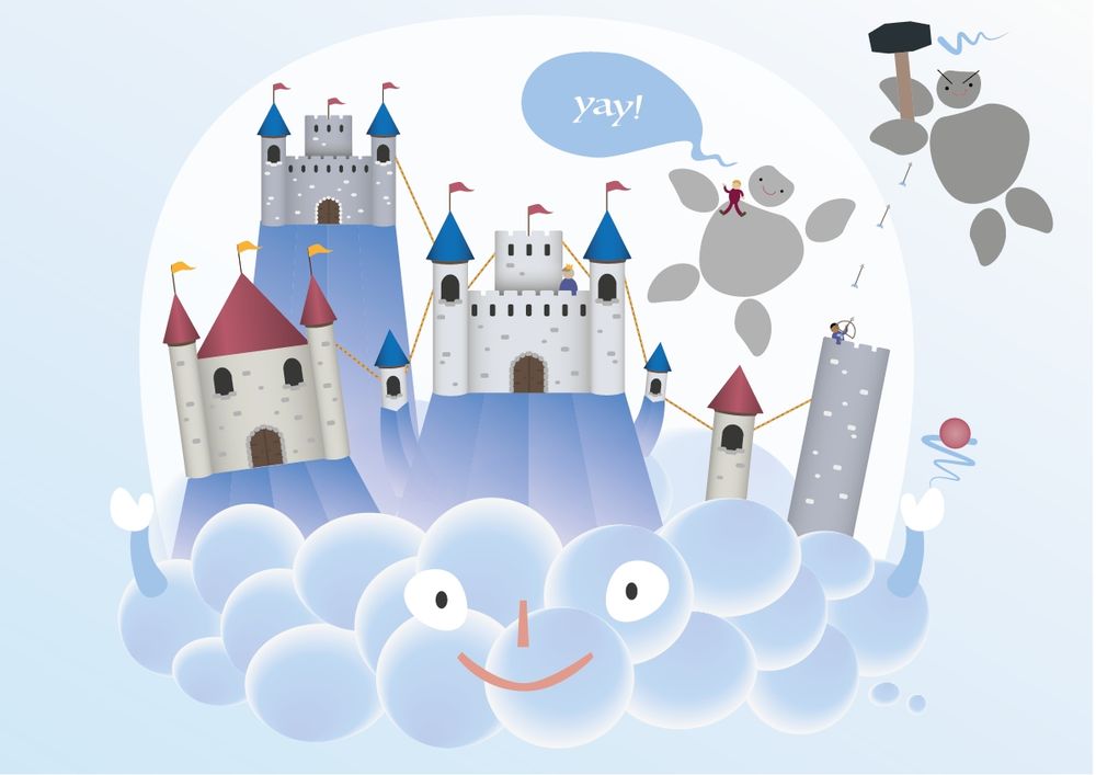 A cartoonish, smiling cloud with arms holds up a sky city under a glass dome. The city is filled with castles and turrets which are connected by ropes. A friendly rock golem saying "yay!" carries a boy on his shoulder in the air. Outside the dome, an unfriendly golem is attacking the dome with a large hammer. A figure inside is shooting arrows at him. A tiny figure wearing a crown is standing on the central castle.