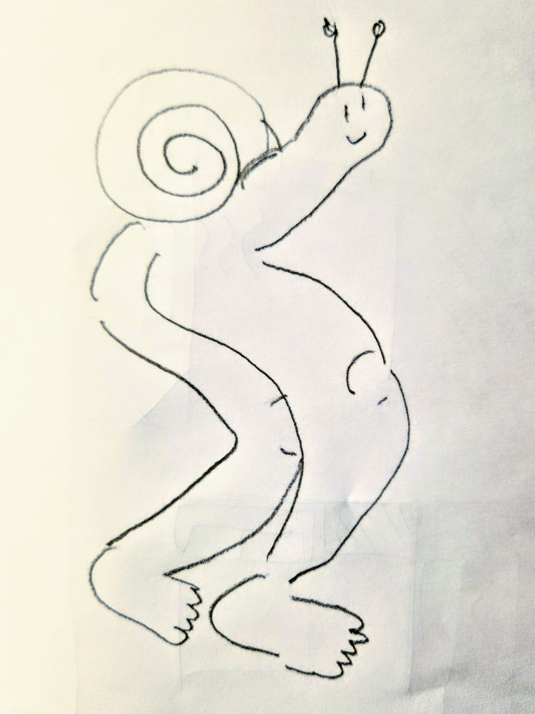 A pencil drawing of a cartoonish, smiling snail, with a butt and two human legs.