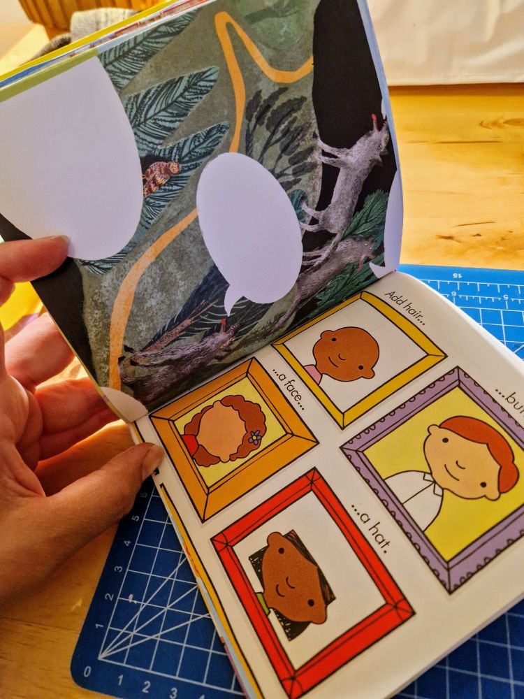 A photo of the interior of the book. One page has an illustration in dark colours of wolves howling with blank speech bubbles coming out of their mouths. The facing page has an illustration of four partially finished portraits with suggestions to add the missing components.