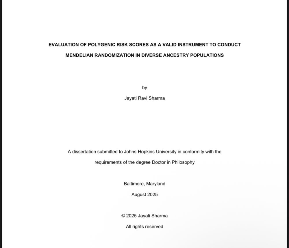 Title page of Jayati’s dissertation: “Evaluation of Polygenic Risk Scores as a Valid Instrument to Conduct Mendelian Randomization in Diverse Ancestry Populations”