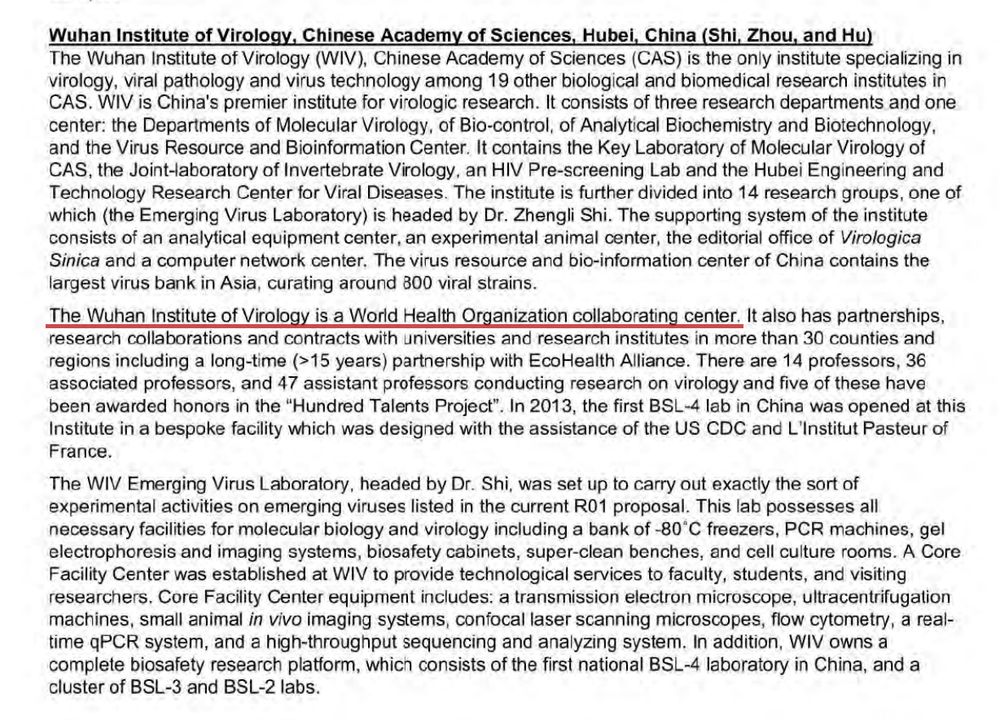 Daszak grant application 2018/19: "The Wuhan Institute of Virology is a World Health Organization collaborating center."