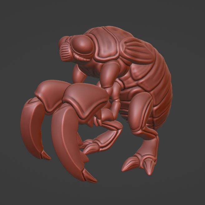 A screenshot of a 3D model in progress; an upright cicada nymph with overly large foreclaws.