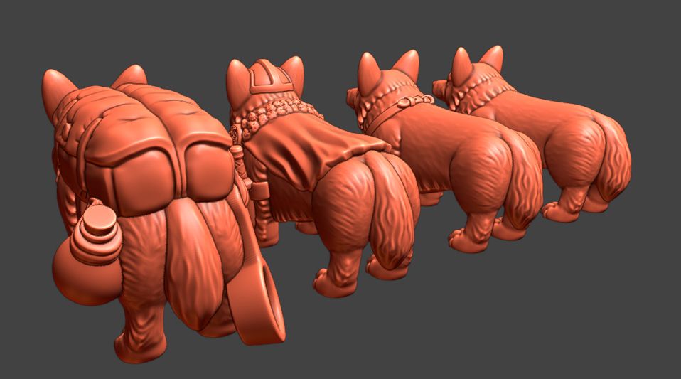 A rendering of four 3D models of Corgi dogs wearing various costumes.