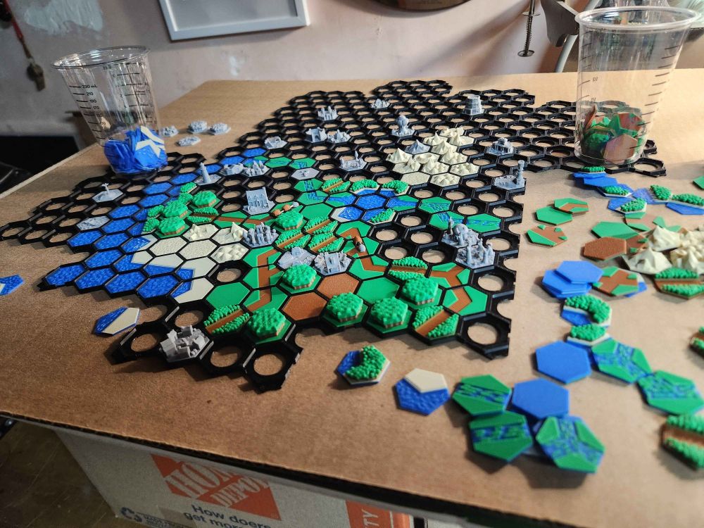A photo of an array of multicolored 3D printed hexagonal tiles