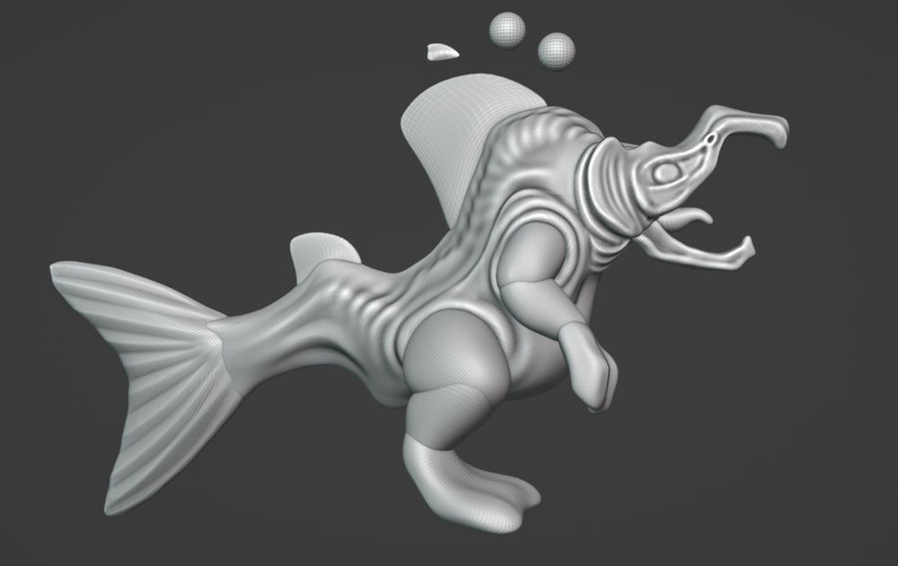 Screenshot of a 3D model in early progress. This depicts a bipedal, four limbed salmonid creature.