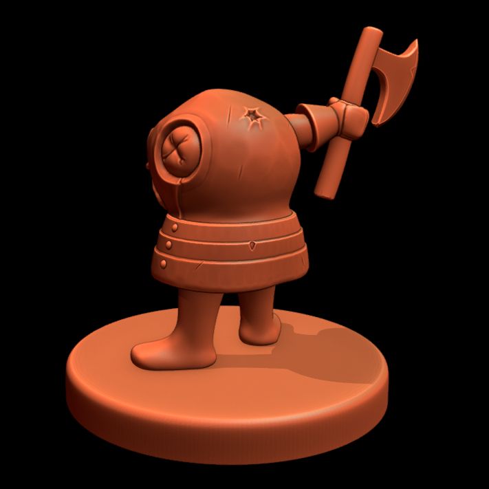 A render of a 3D model of an armored chunk of a one armed creature, wielding an axe in one arm. 3/4 angle, facing away and to the left.