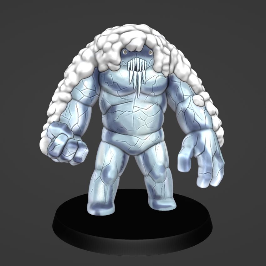 A 3D render of a large humanoid construct, made of ice and covered in snow. Icicles adorn the outside of its mouth.