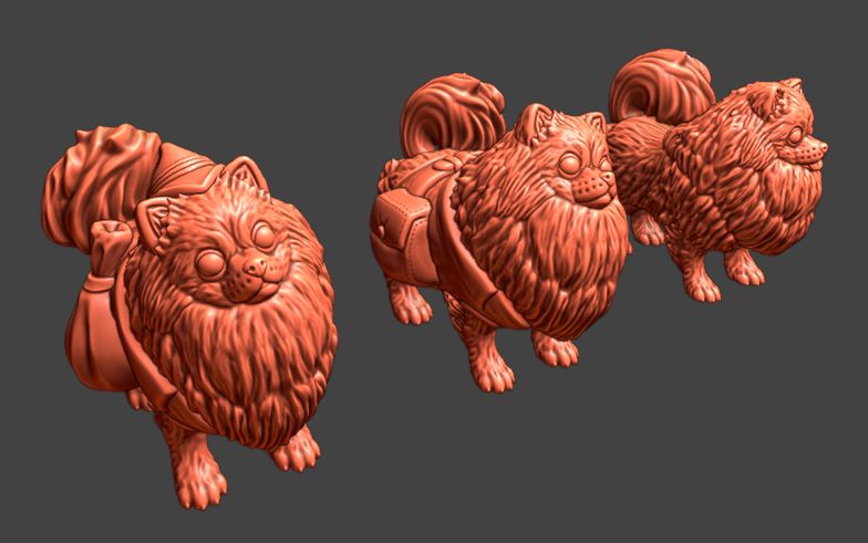 A render of three pomeranian 3D models, with and without costumery.