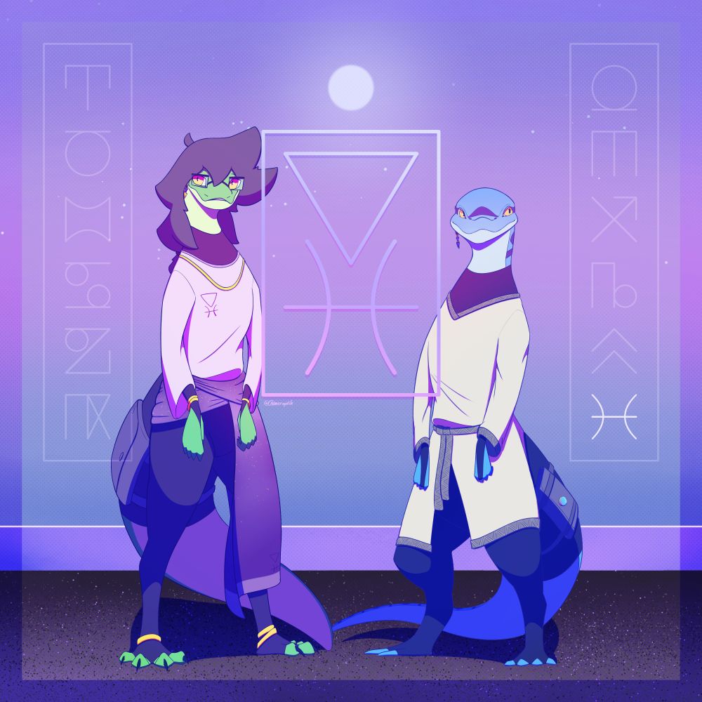 Marley and River in front of a beach early in the morning, with graphics inspired by the alchemical symbols/Zodiac signs