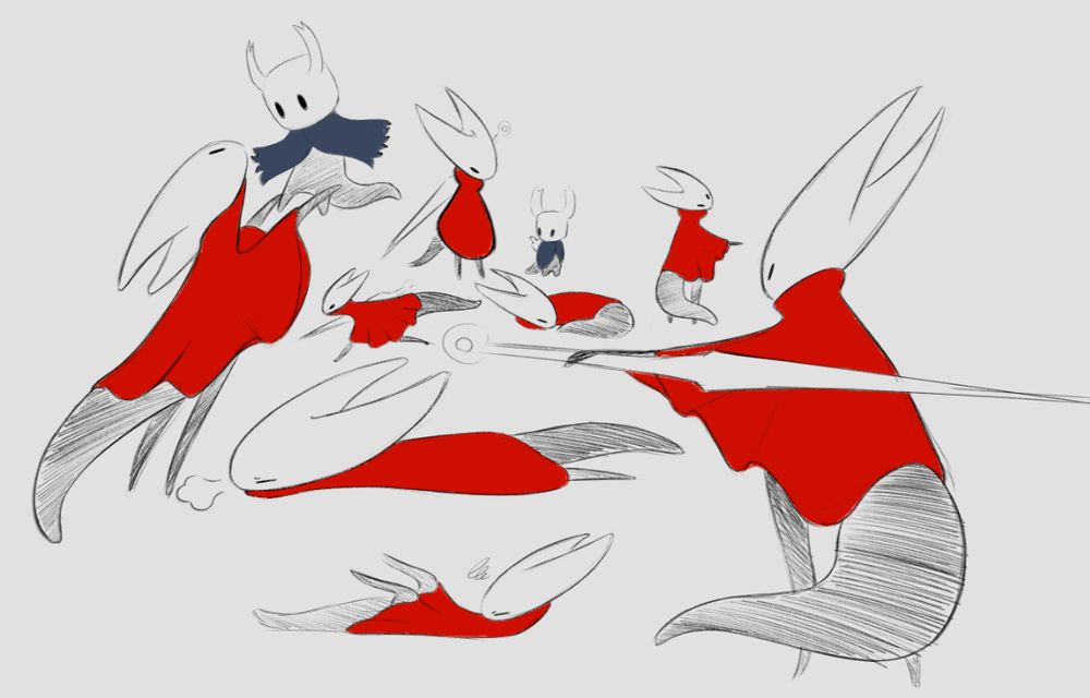 bunch of sketches of hornet and the knight from hollow knight but they have tails.