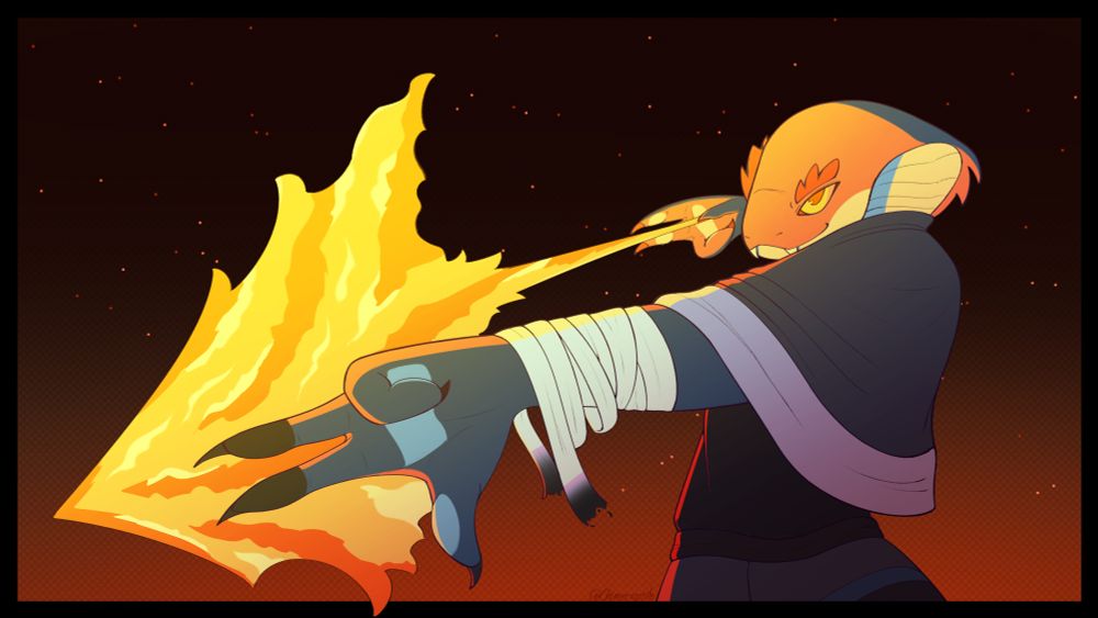 FeatheredSnek's Cy striking the Flame Arrow pose from Jujutsu Kaisen.