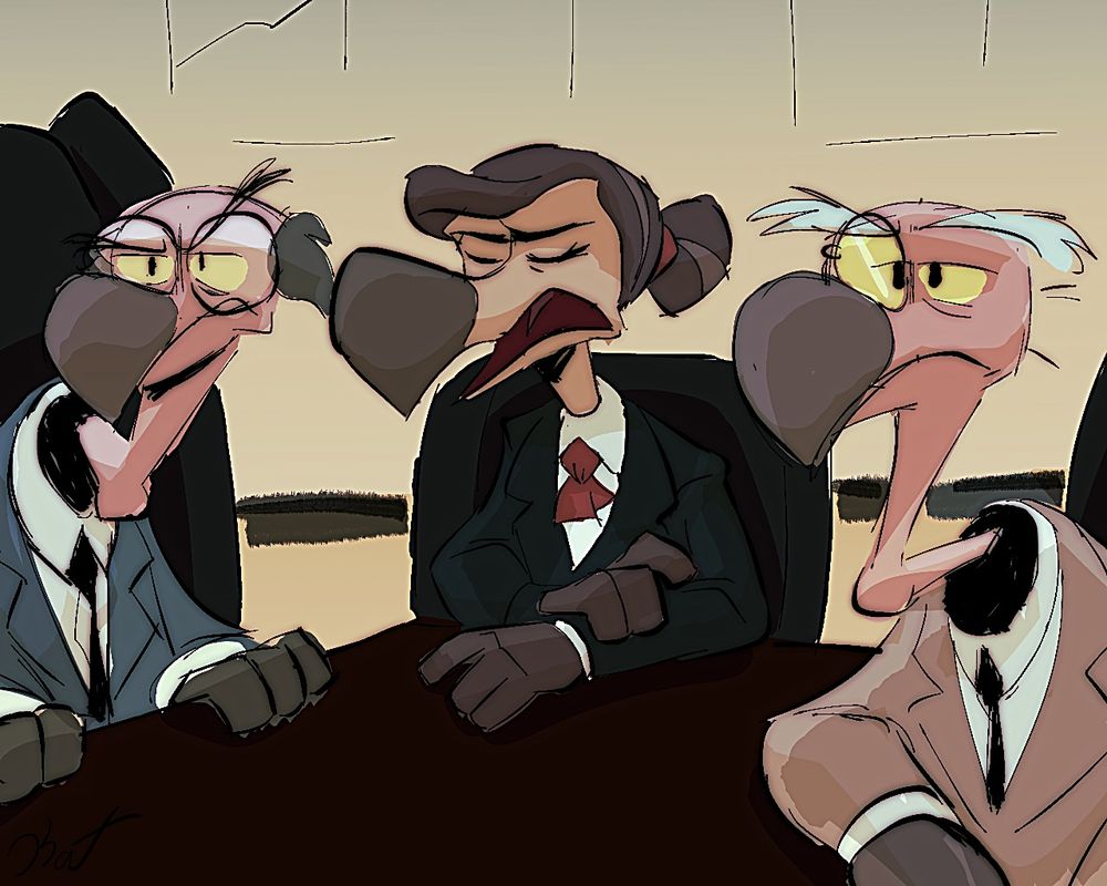 Buford (left), Brynn (oc, middle) and Bentley (right) sit at a conference table in Scrooge McDuck’s money bin from the show Ducktales, all are vultures but in various suits and colors